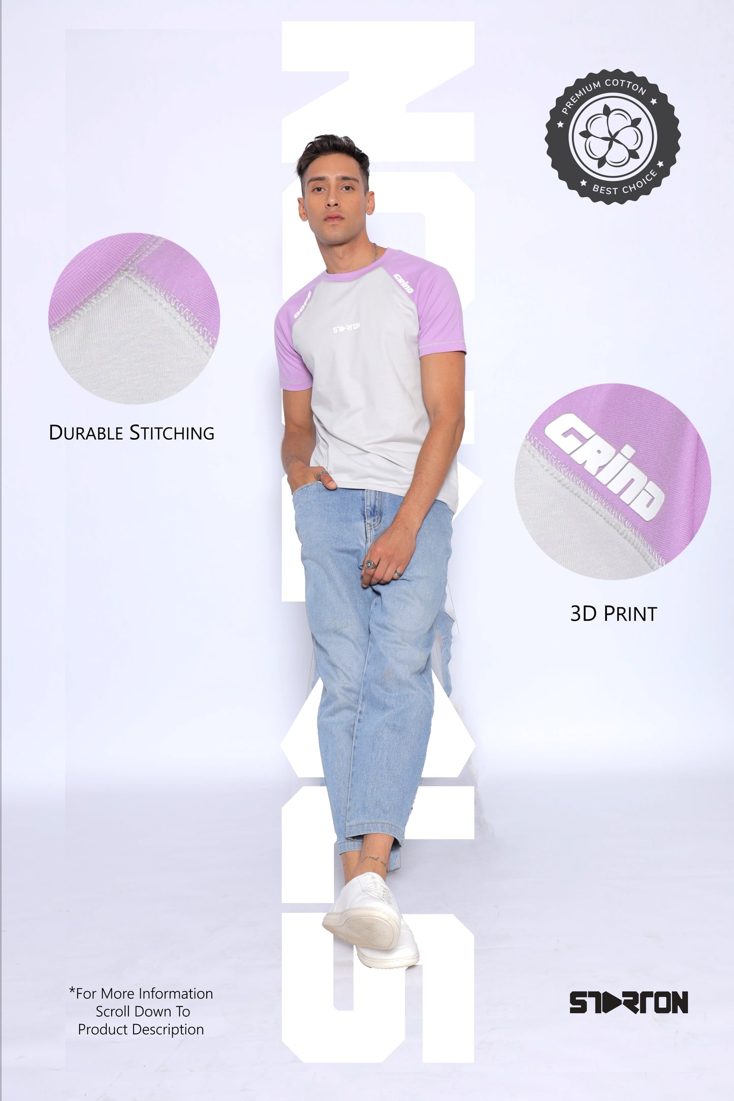 Starton Apparel Men's Smart Slim Fit T-Shirt Light Grey Lavender 3D Print (STM-021)
