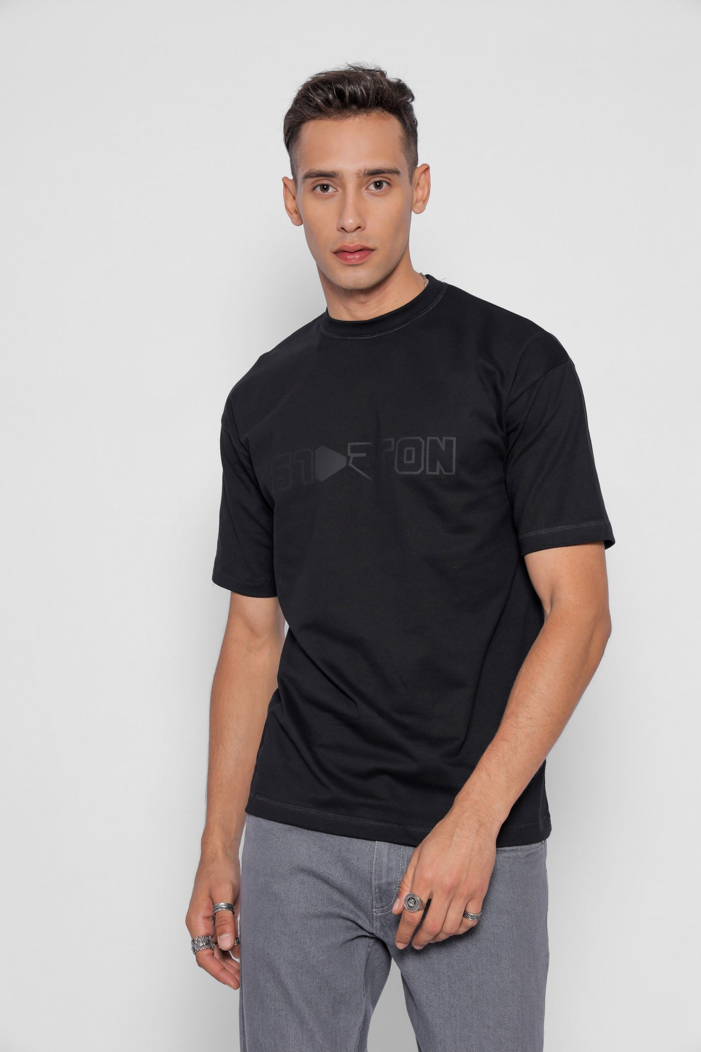 Starton Apparel 100% Cotton Oversize Loose Fit Drop Shoulder Half Sleeve T-Shirt Men Heavy Weight 220 GSM (STM-031 Black)