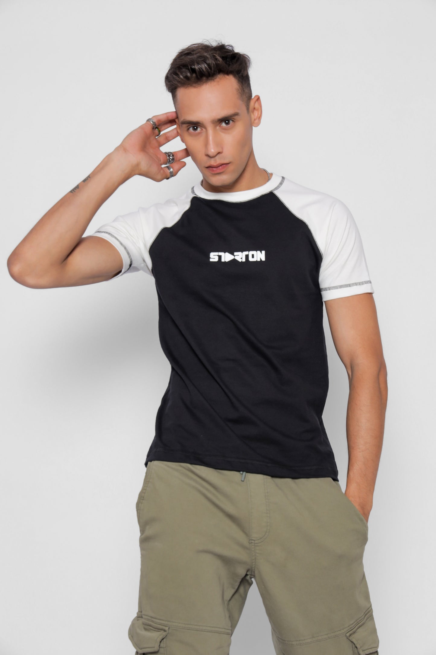 Starton Apparel Men's Round Neck Raglan Sleeve T-Shirt Combed Cotton Black White 3D Print (STM-001)