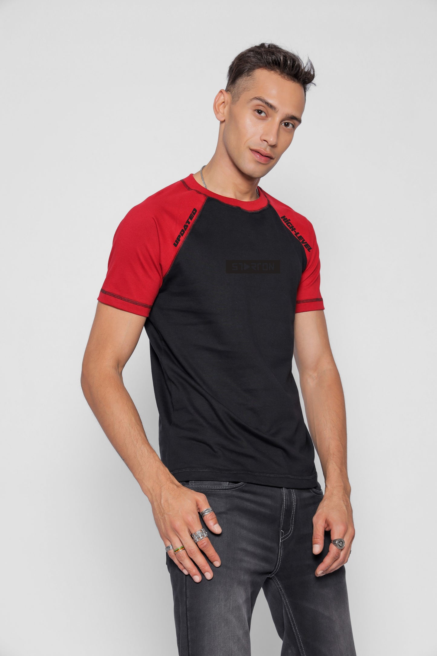 Starton Apparel Men's Round Neck Raglan Sleeve T-Shirt Combed Cotton Black Rust 3D Print