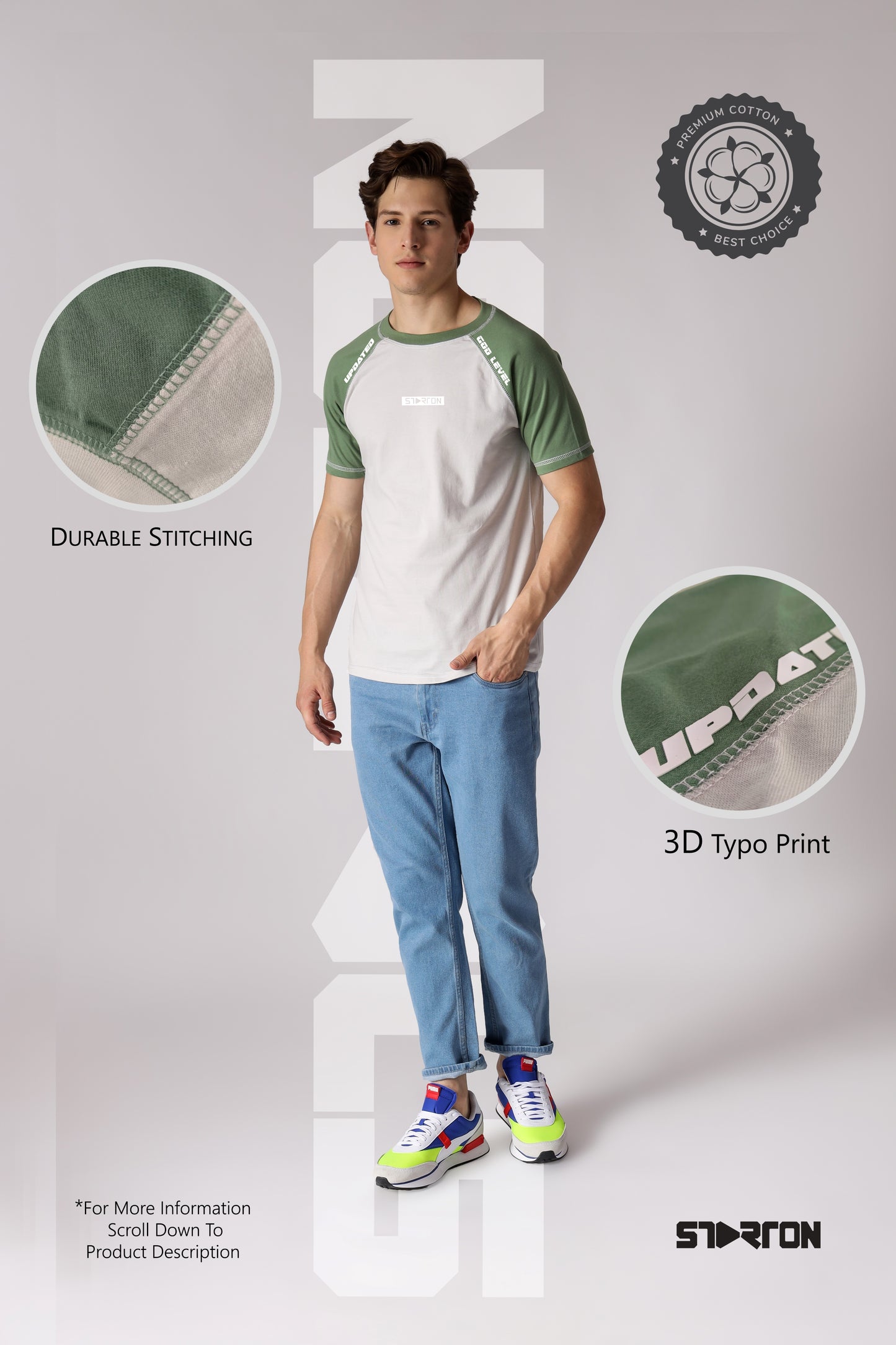 Starton Apparel Men's Round Neck T-Shirt Light Grey Mint 3D Print (STM-021)