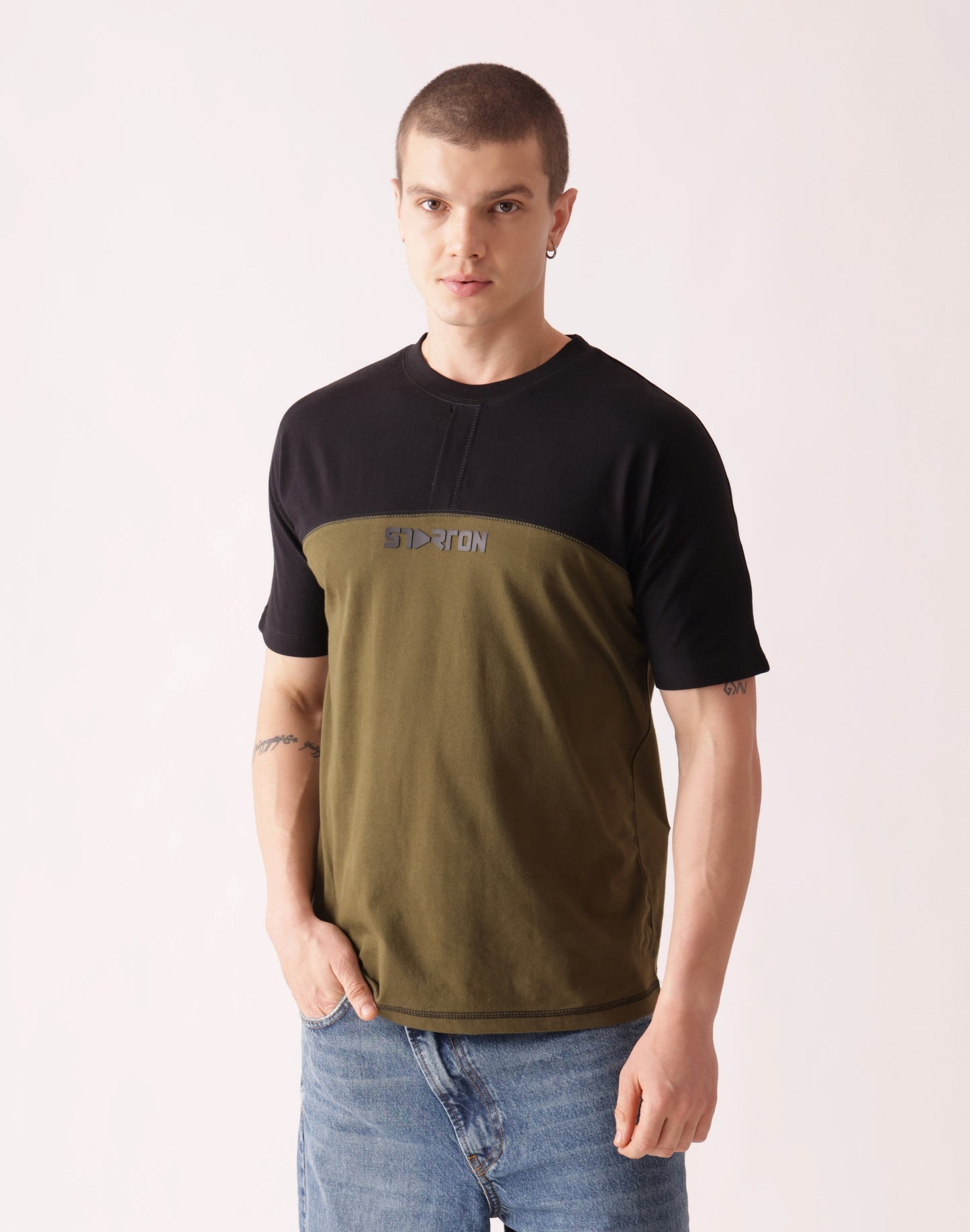Starton Apparel Crew Neck Olive Black Placket T-Shirt Men (STM-003)