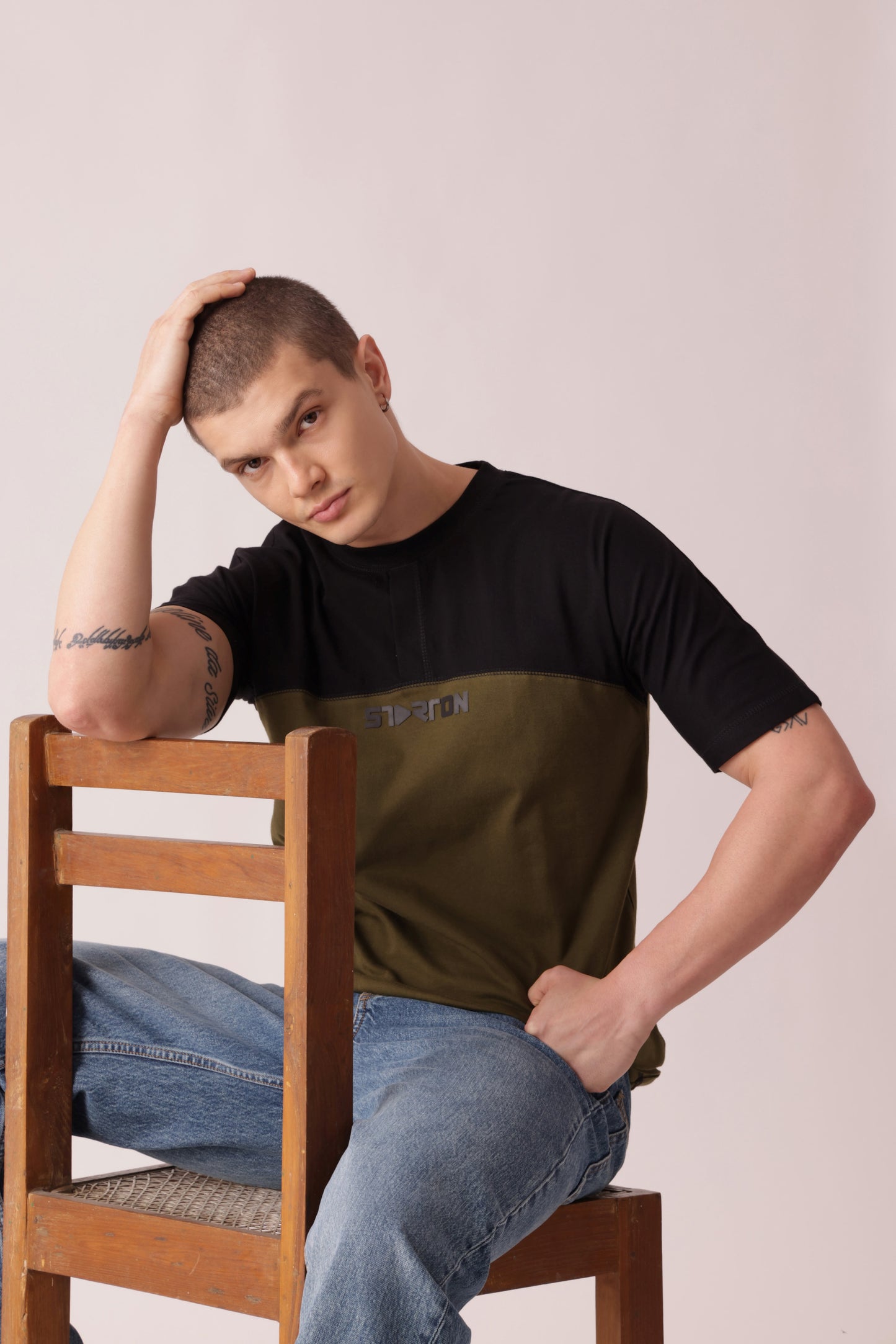 Starton Apparel Crew Neck Olive Black Placket T-Shirt Men (STM-003)