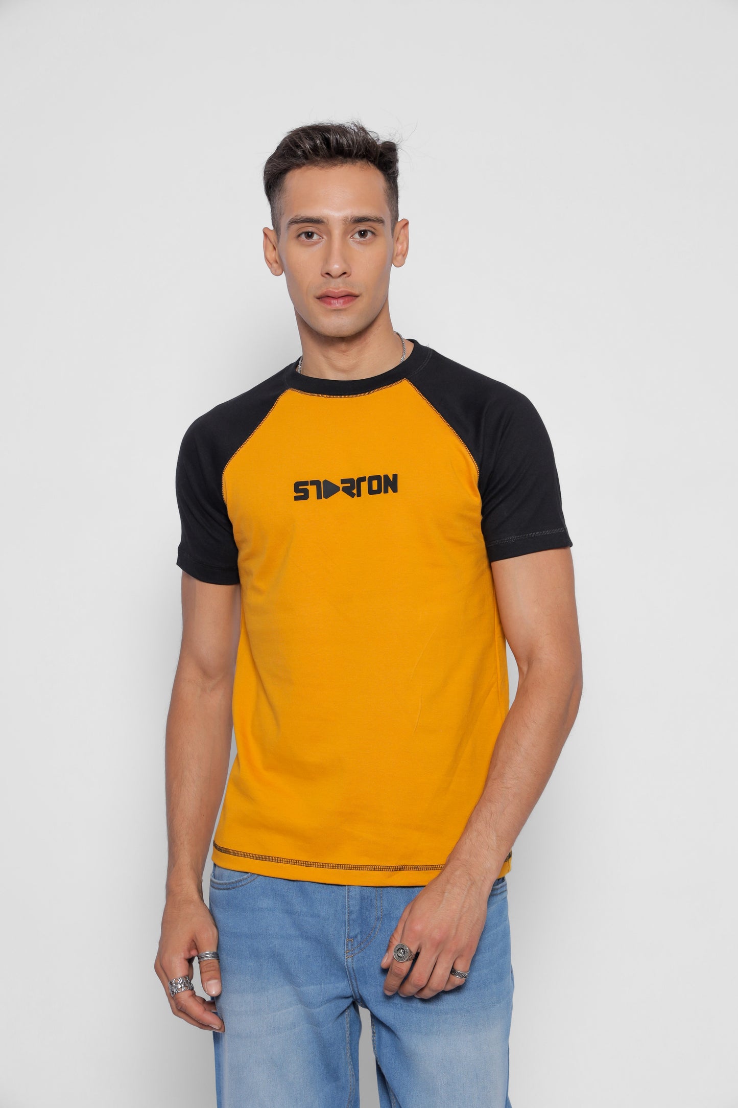 Starton Apparel Men's Raglan Sleeve T-Shirt Combed Cotton Mustard Black 3D Print