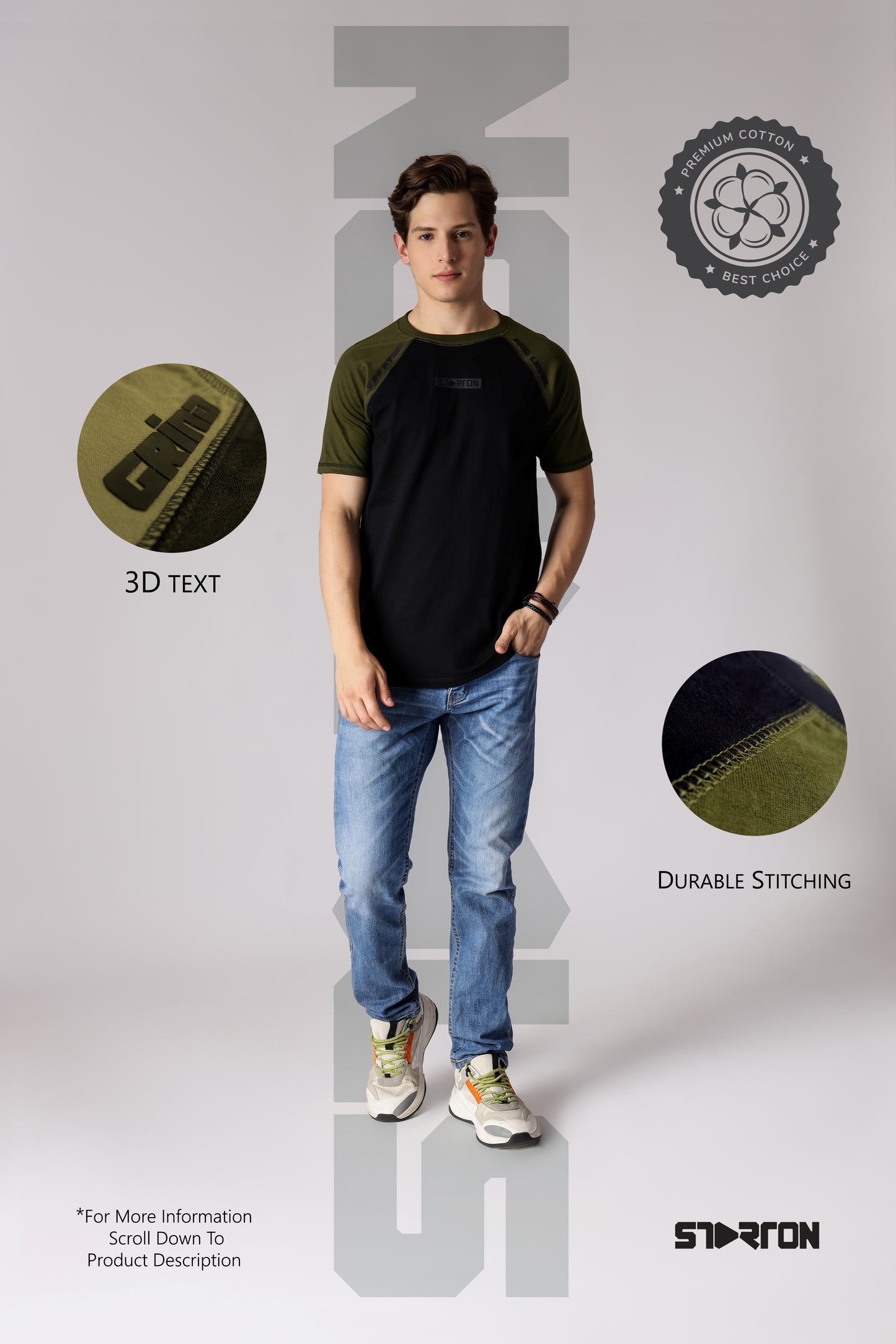 Starton Apparel Men's Round Neck Short Sleeve T-Shirt Combed Cotton Black Olive 3D Print (STM-009)