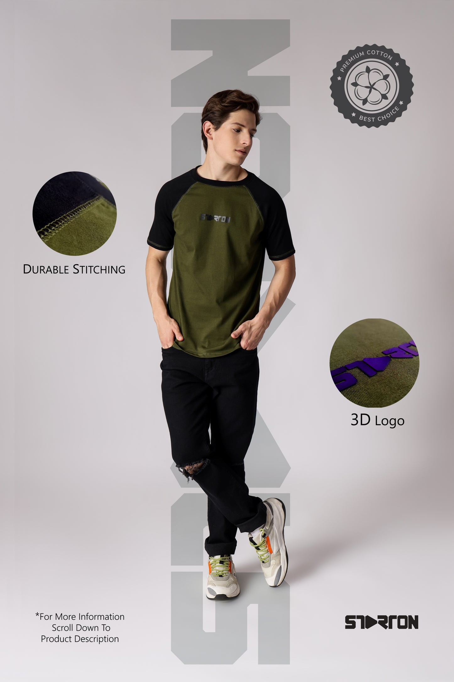Starton Apparel Olive Black Raglan Sleeve T-Shirt Men (STM-008)
