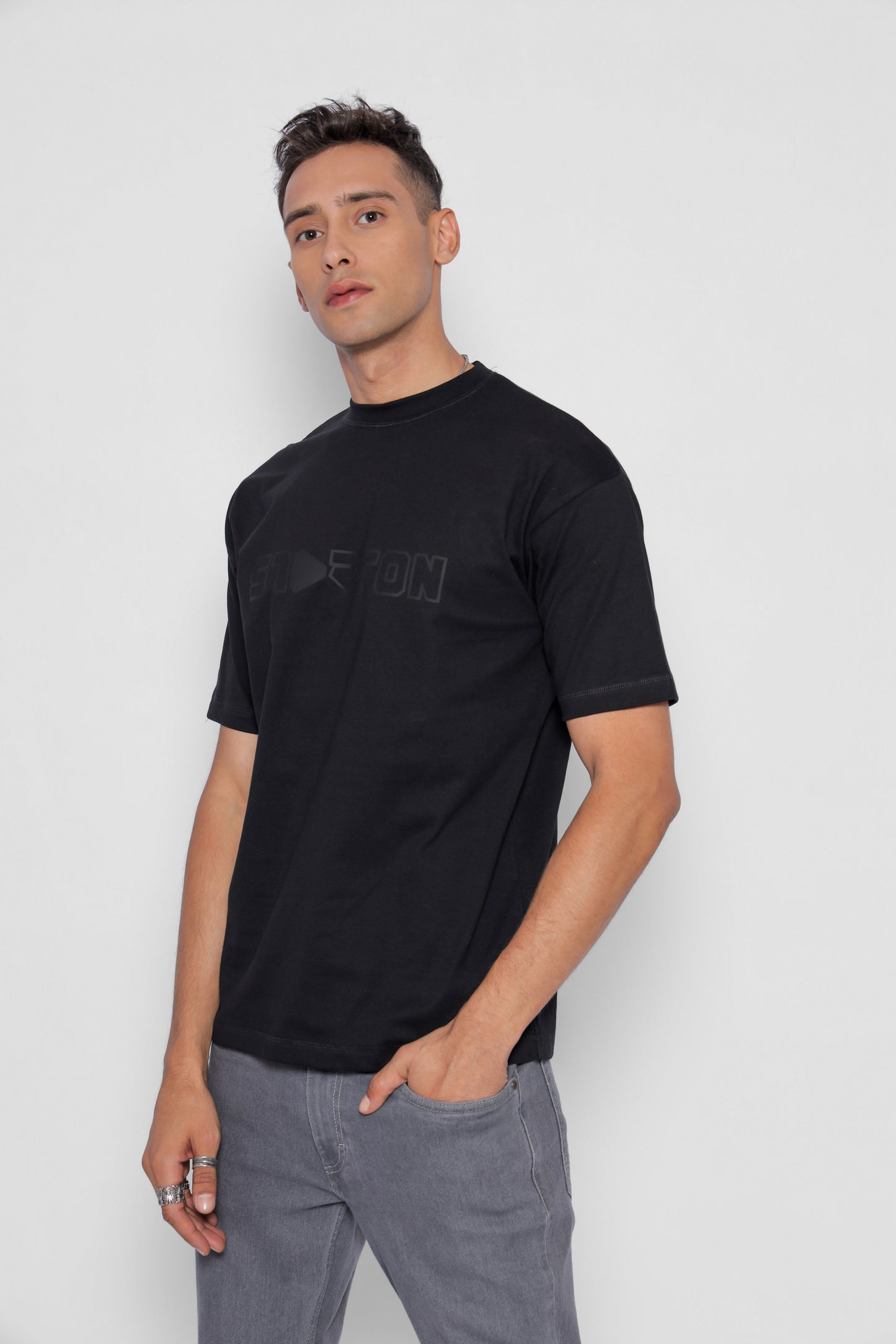 Starton Apparel 100% Cotton Oversize Loose Fit Drop Shoulder Half Sleeve T-Shirt Men Heavy Weight 220 GSM (STM-031 Black)