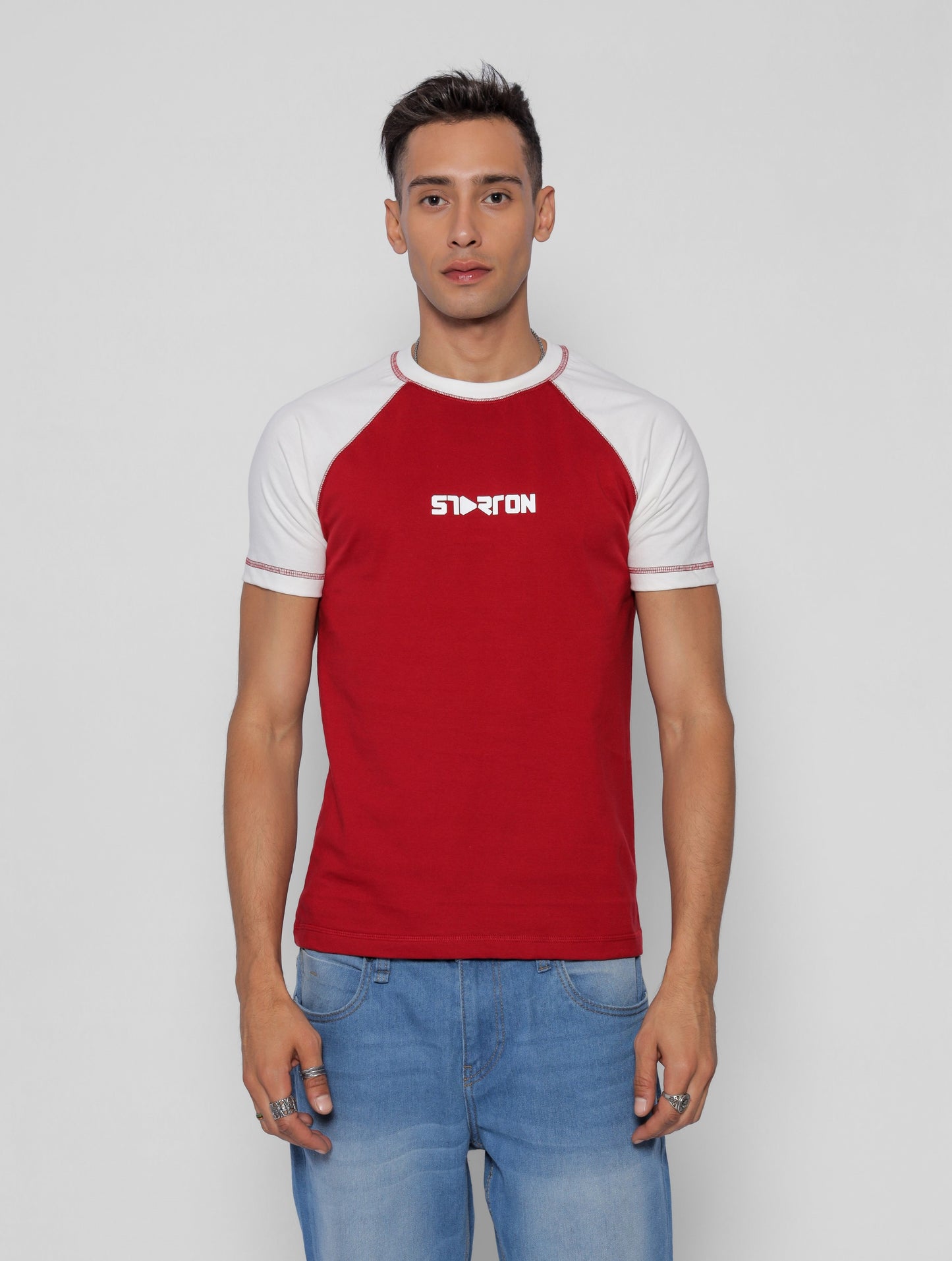 Starton Apparel Men's Round Neck Raglan Sleeve T-Shirt Combed Cotton Red White 3D Print