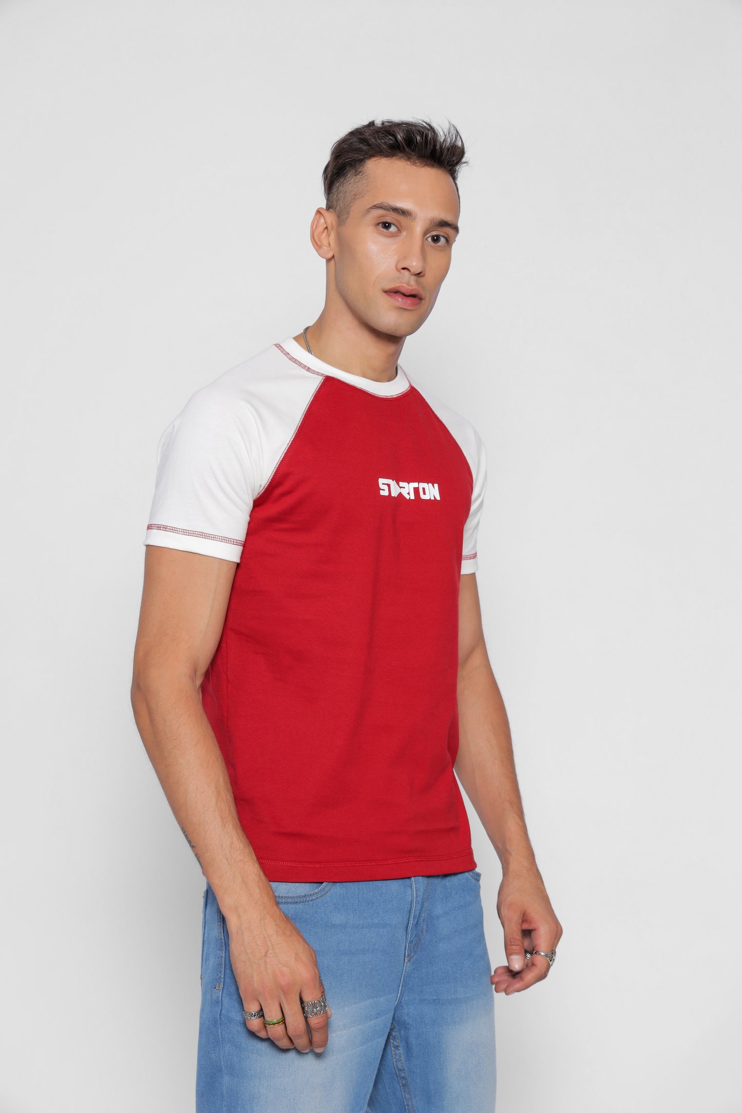 Starton Apparel Men's Round Neck Raglan Sleeve T-Shirt Combed Cotton Red White 3D Print