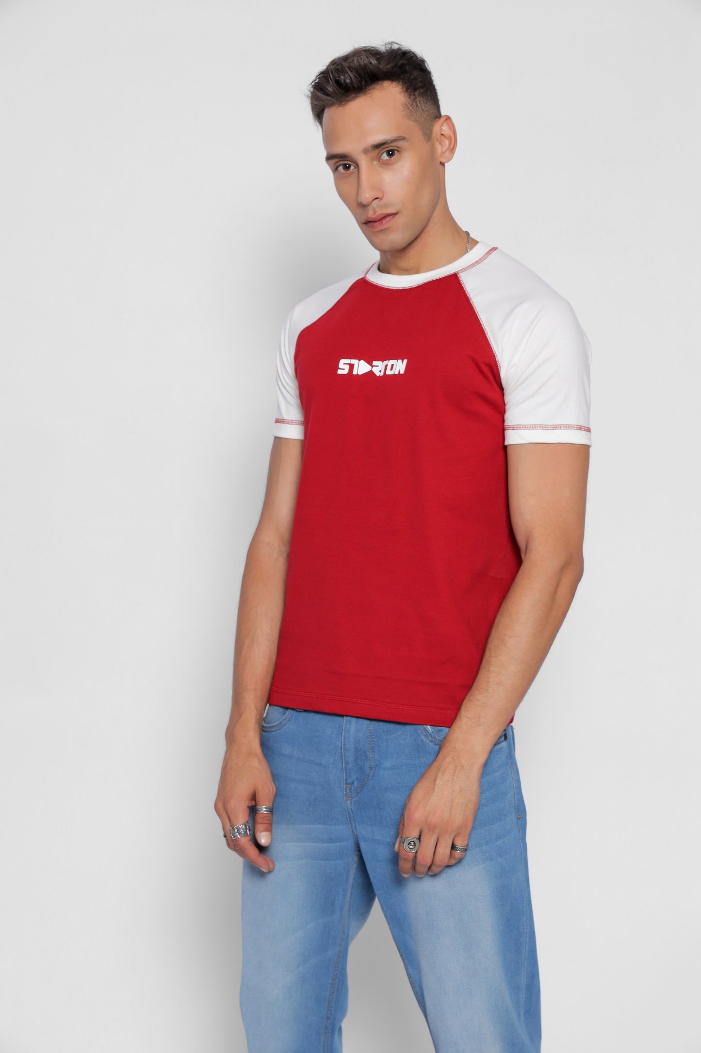 Starton Apparel Men's Round Neck Raglan Sleeve T-Shirt Combed Cotton Red White 3D Print