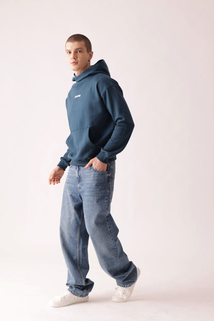 Starton Apparel Cotton Blend Teal Blue Neck Cover Oversized Hoodie