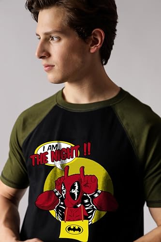 Starton Apparel 100% Cotton DeadpoolBatman Superhero Graphic T-Shirt, Regular Fit Raglan Sleeve Front & Back Print T Shirt for Men