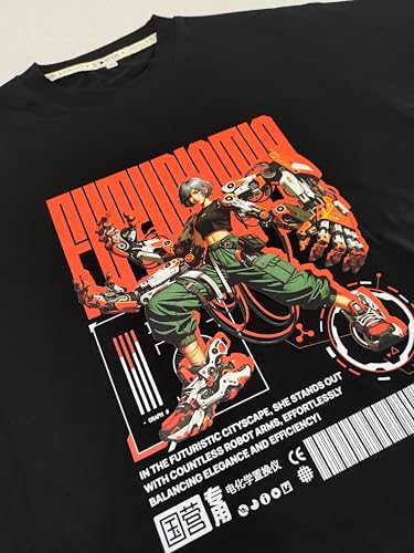 Starton Apparel Anime Futuristic Cyberpunk Techwear Graphic Print Oversized T Shirt for Men and Women Drop Shoulder Loose Baggy Fit Unisex Pure Cotton T-Shirt