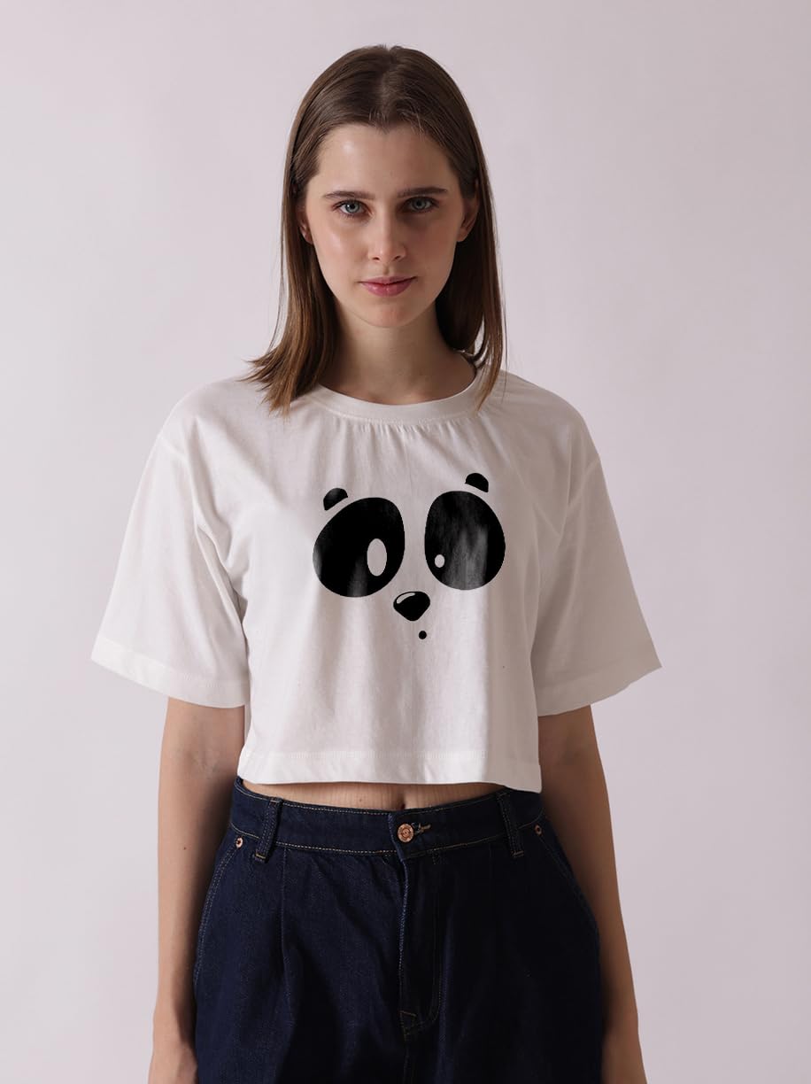 Starton Apparel Cotton Oversized Crop Top for Women, Cute Panda Graphic Print (in, Alpha, S, Plus, White)