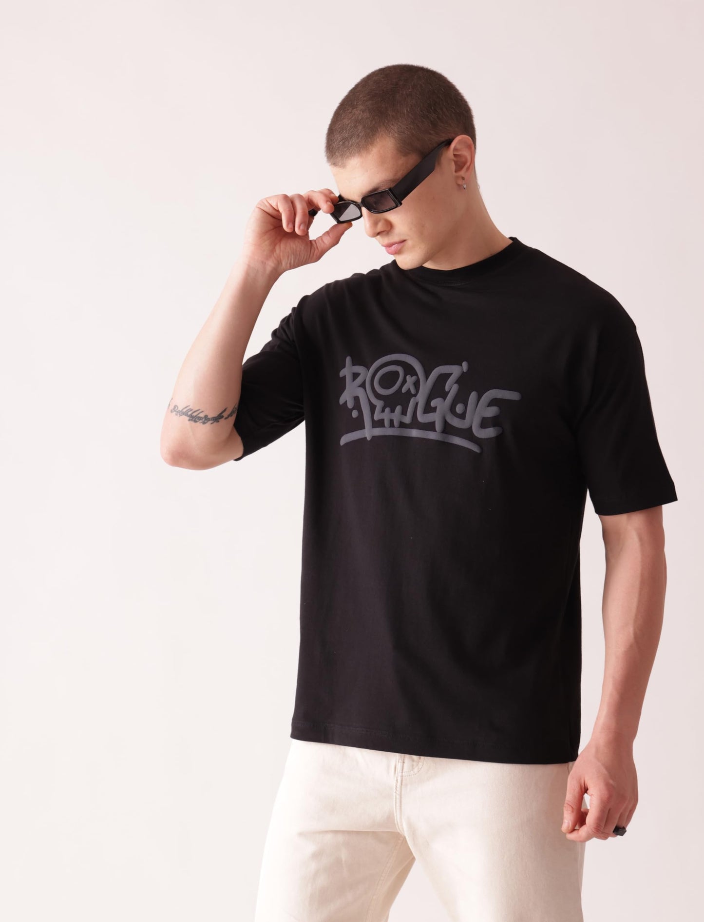 Starton Apparel Oversized and Baggy Fit Black Round Neck Half Sleeve T-Shirt in Pure Cotton Back Graphic Print and Front Print for Men