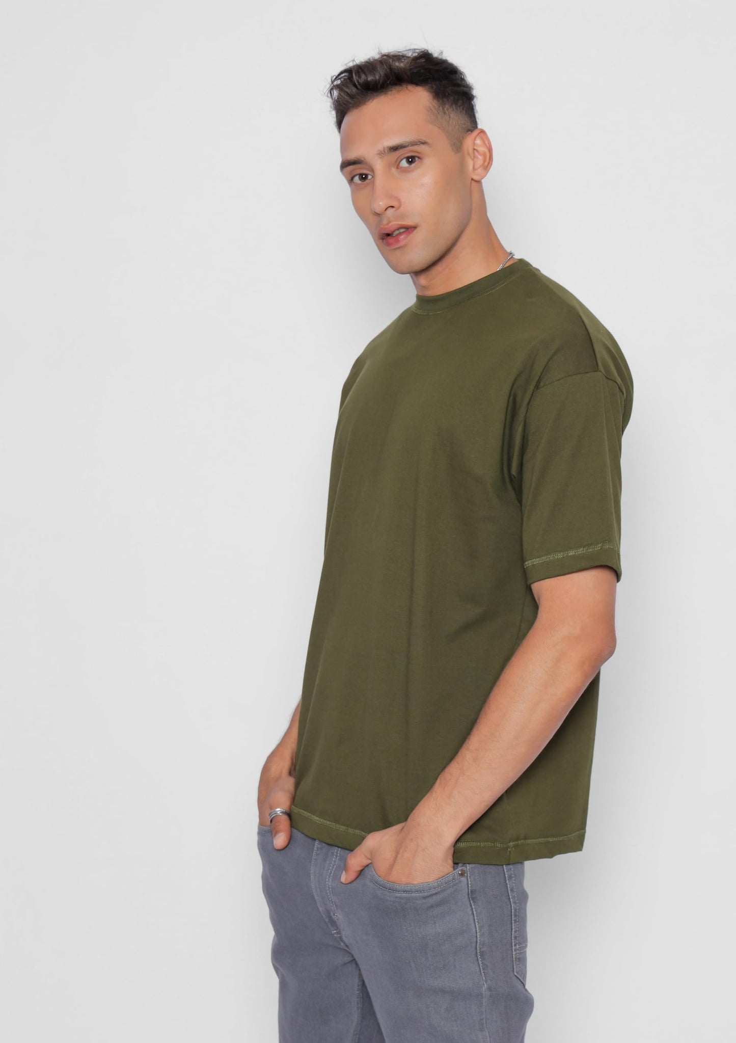Starton Apparel 100% Pure Cotton Drop Shoulder Oversized Baggy Fit Half Sleeve Plain Solid Round Neck Unisex T-Shirt for Men (in, Alpha, XS, Plus, Olive)