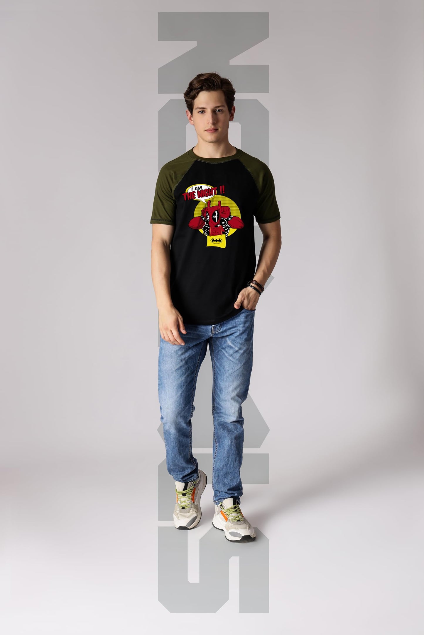 Starton Apparel 100% Cotton DeadpoolBatman Superhero Graphic T-Shirt, Regular Fit Raglan Sleeve Front & Back Print T Shirt for Men