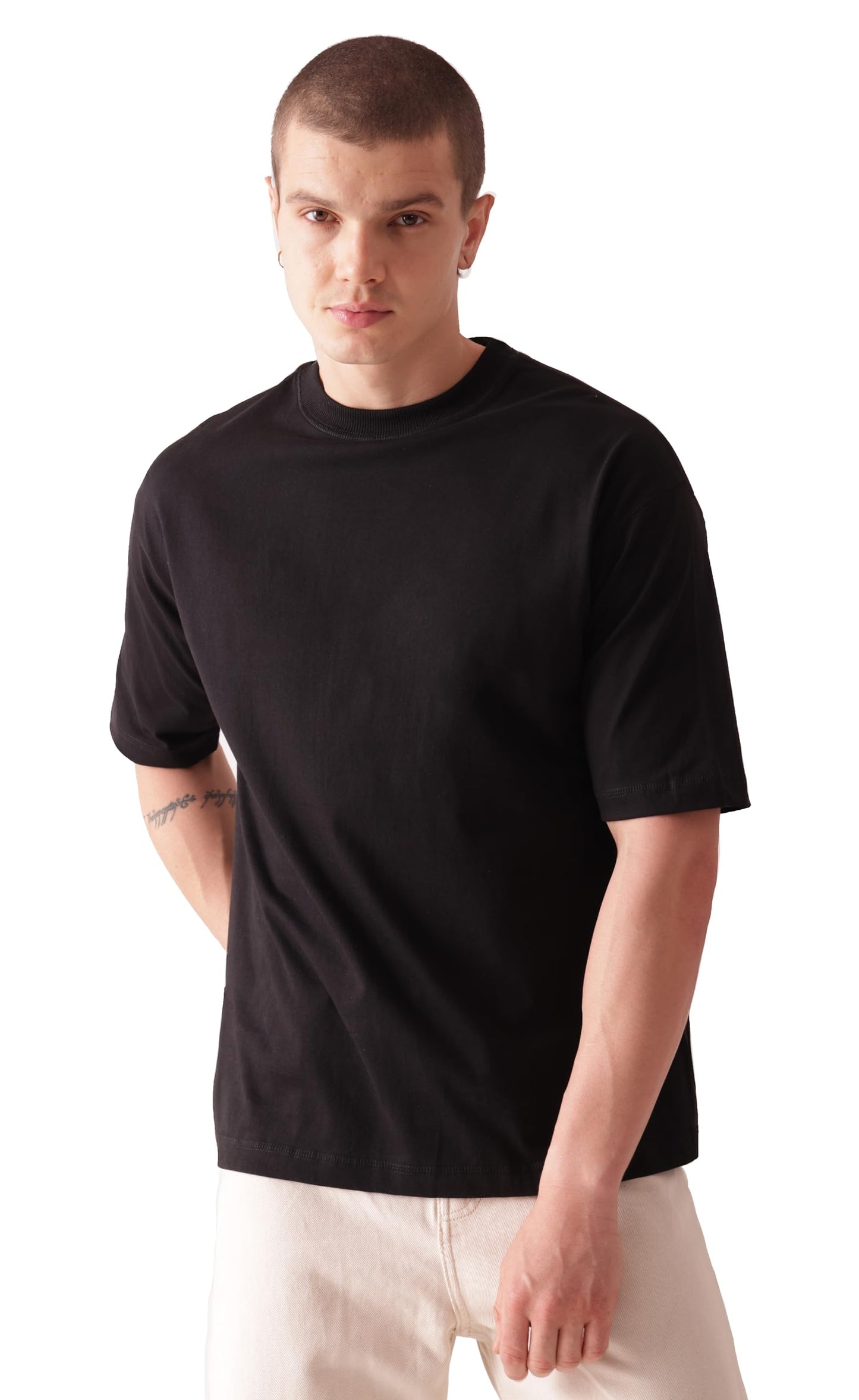 Starton Apparel 100% Pure Cotton Drop Shoulder Oversized Baggy Fit Half Sleeve Plain Solid Round Neck Unisex T-Shirt for Men (in, Alpha, S, Plus, Black)