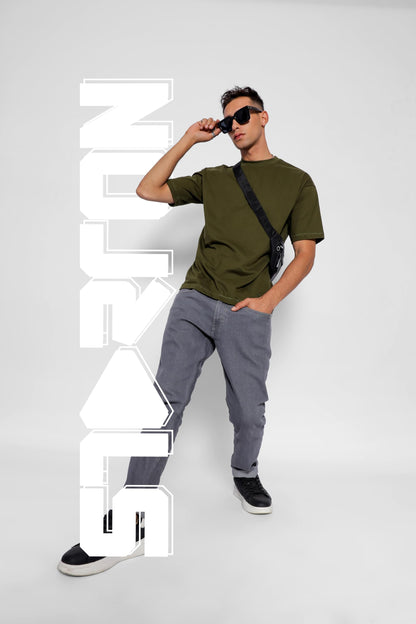 Starton Apparel 100% Pure Cotton Drop Shoulder Oversized Baggy Fit Half Sleeve Plain Solid Round Neck Unisex T-Shirt for Men (in, Alpha, L, Plus, Olive)