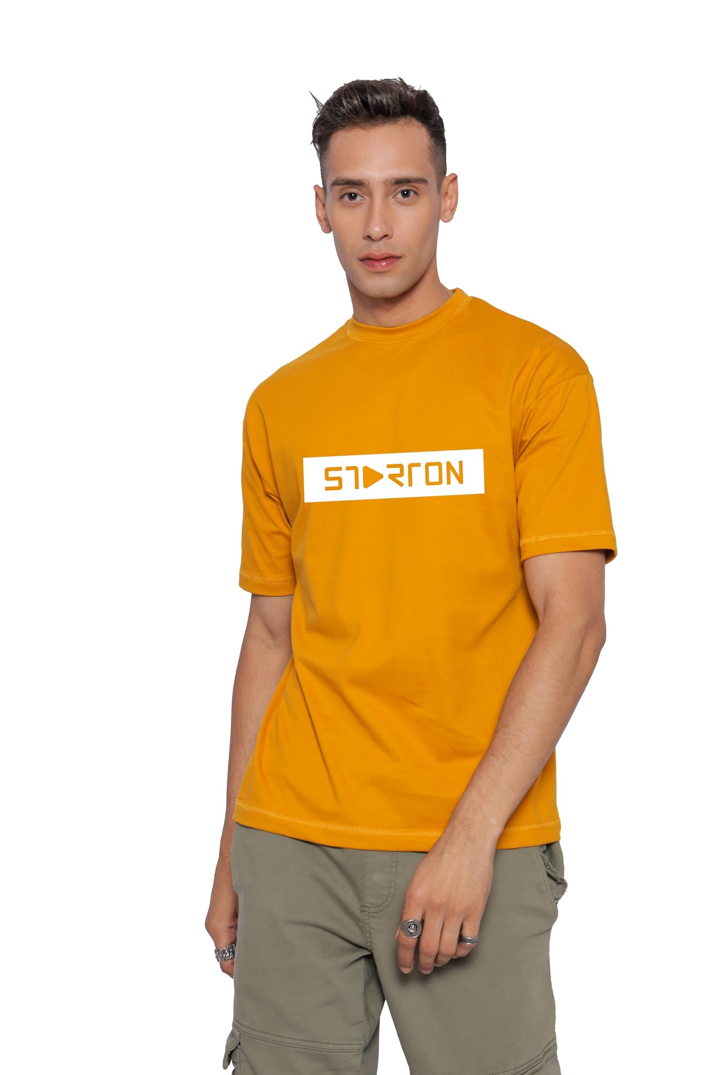 Starton Apparel Oversized and Baggy Fit Black Round Neck Half Sleeve T-Shirt in Pure Cotton Back Graphic Print and Front Print for Men