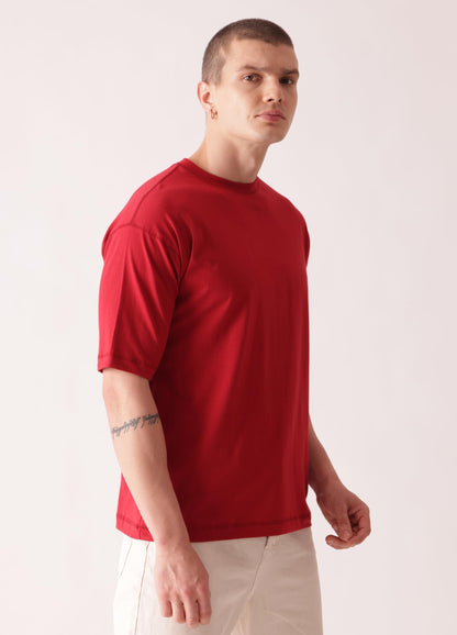 Starton Apparel 100% Pure Cotton Drop Shoulder Oversized Baggy Fit Half Sleeve Plain Solid Round Neck Unisex T-Shirt for Men (in, Alpha, XS, Plus, Red)