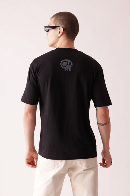 Starton Apparel Oversized and Baggy Fit Black Round Neck Half Sleeve T-Shirt in Pure Cotton Back Graphic Print and Front Print for Men