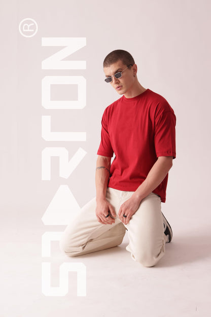 Starton Apparel 100% Pure Cotton Drop Shoulder Oversized Baggy Fit Half Sleeve Plain Solid Round Neck Unisex T-Shirt for Men (in, Alpha, XS, Plus, Red)