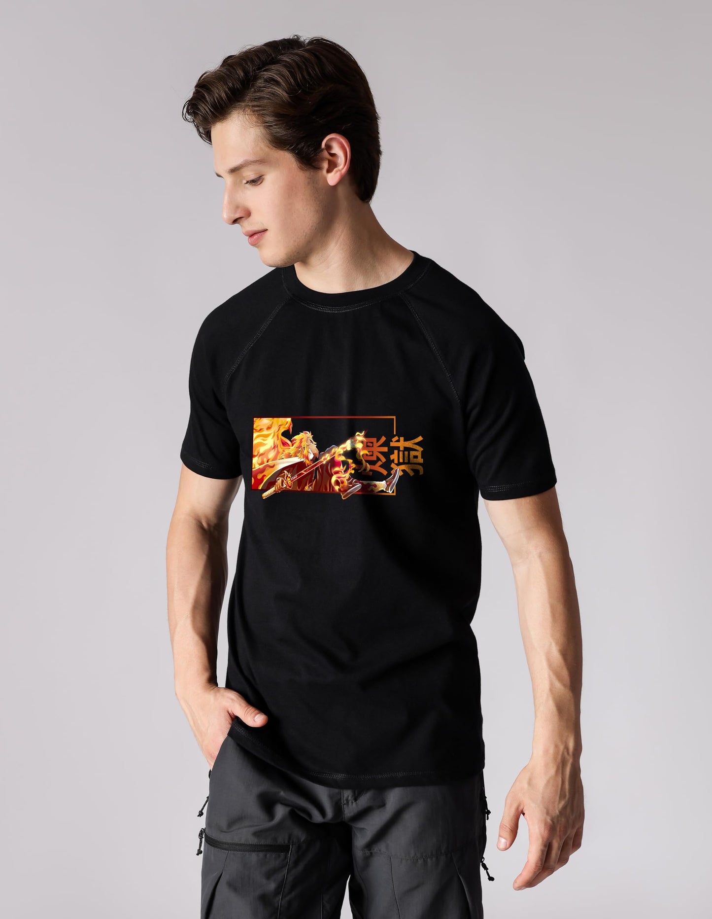 Starton Apparel 100% Cotton Demon Rengoku Hashira Graphic Print T-Shirt, Regular Fit Raglan Sleeve T Shirt for Men