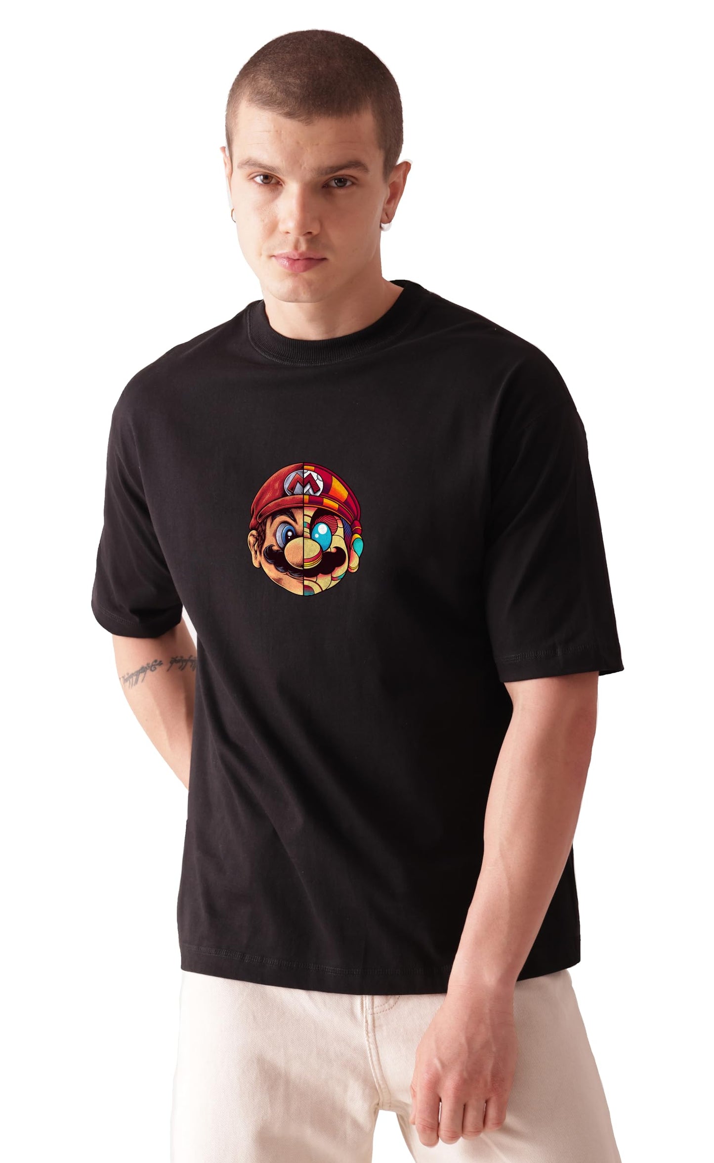 Starton Apparel Unisex Cotton Oversized Drop Shoulder T-Shirt, Mario Print, Streetwear Baggy Fit