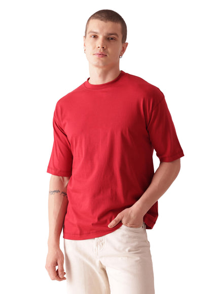 Starton Apparel 100% Pure Cotton Drop Shoulder Oversized Baggy Fit Half Sleeve Plain Solid Round Neck Unisex T-Shirt for Men (in, Alpha, XS, Plus, Red)