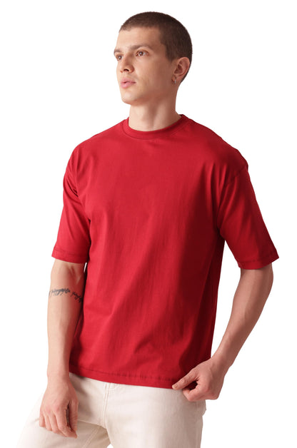 Starton Apparel 100% Pure Cotton Drop Shoulder Oversized Baggy Fit Half Sleeve Plain Solid Round Neck Unisex T-Shirt for Men (in, Alpha, XS, Plus, Red)