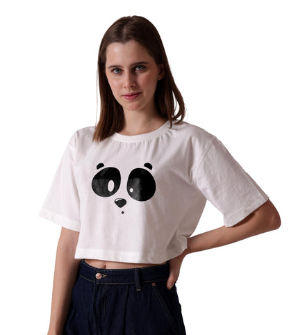 Starton Apparel Cotton Oversized Crop Top for Women, Cute Panda Graphic Print (in, Alpha, L, Plus, White)
