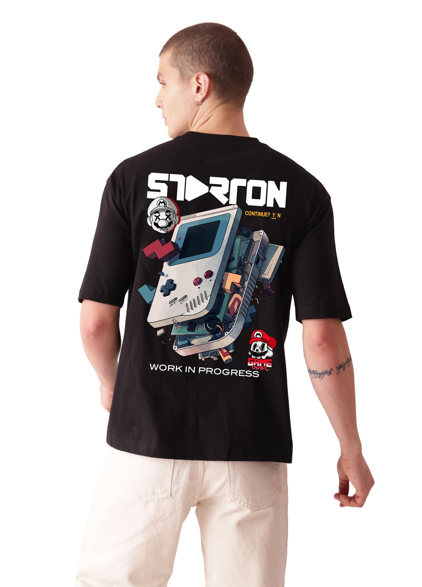 Starton Apparel Unisex Cotton Oversized Drop Shoulder T-Shirt, Mario Print, Streetwear Baggy Fit