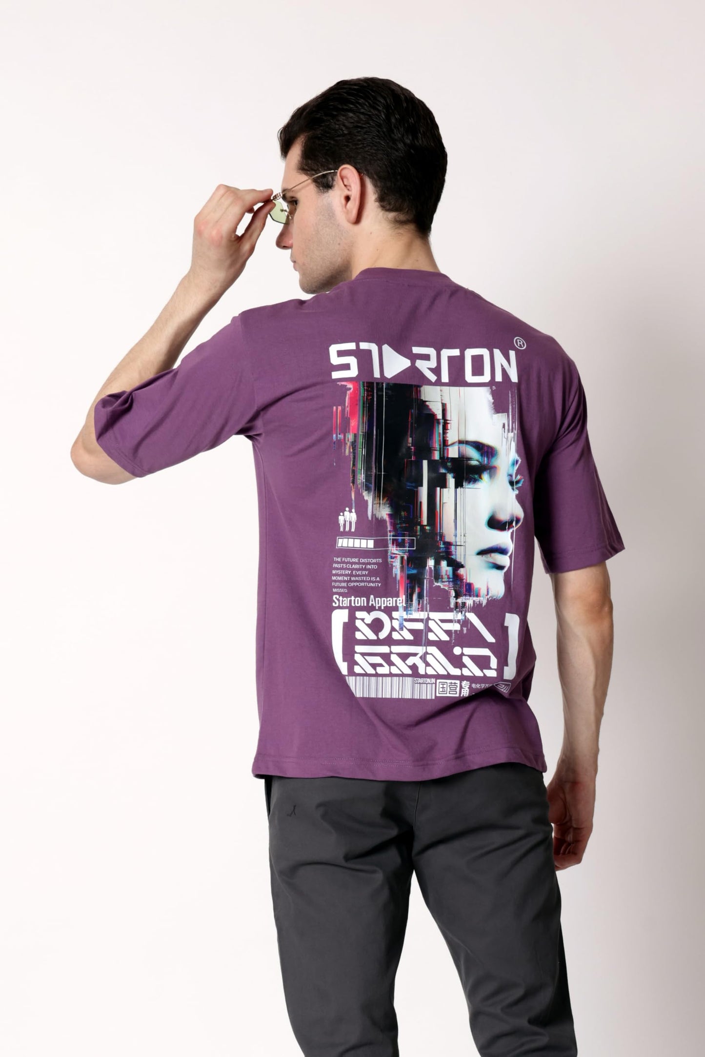 Starton Apparel 100% Pure Cotton Drop Shoulder Oversized Fit T-Shirt for Men Futuristic Cyberpunk Techwear Front and Back Print (STM-035)