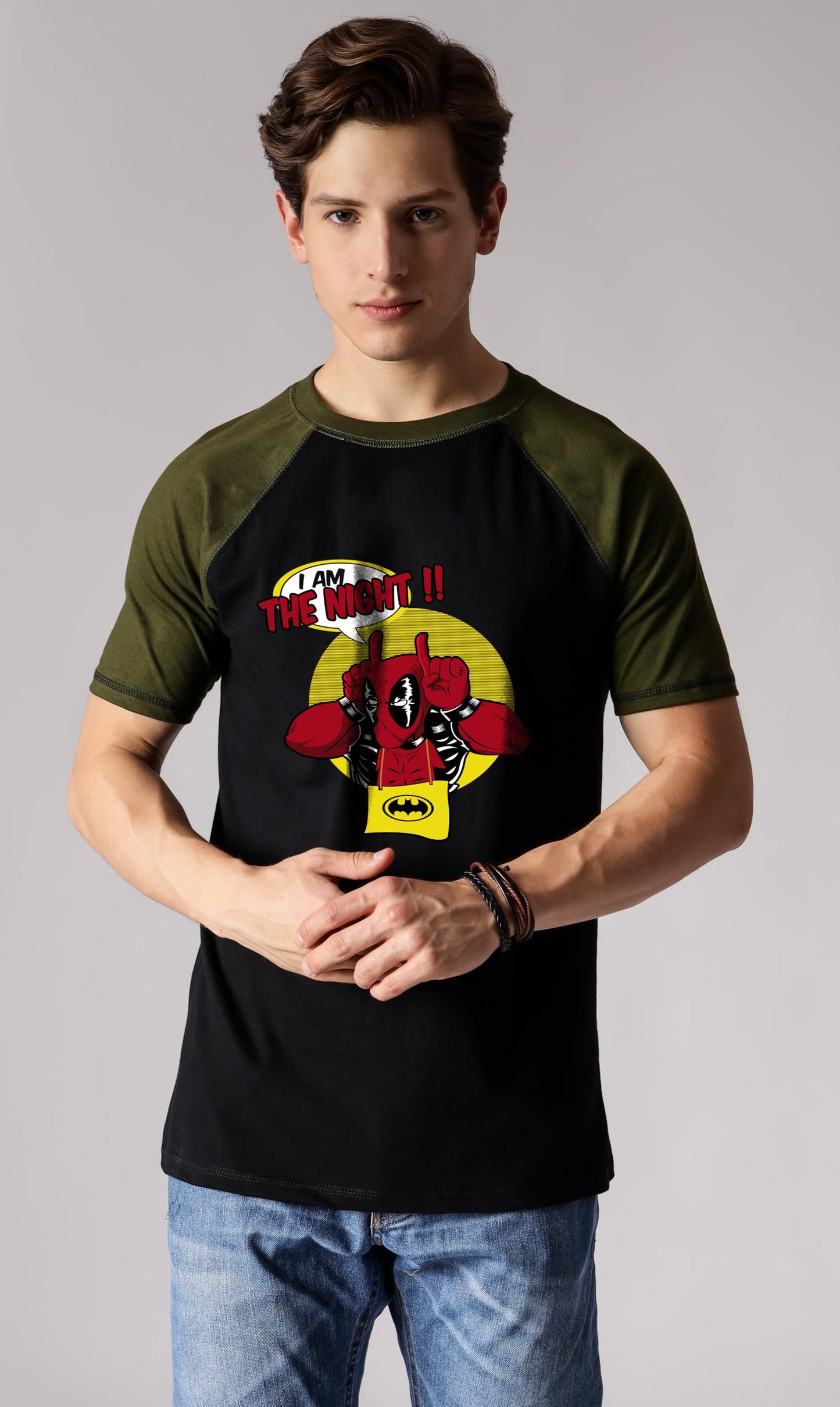 Starton Apparel 100% Cotton DeadpoolBatman Superhero Graphic T-Shirt, Regular Fit Raglan Sleeve Front & Back Print T Shirt for Men