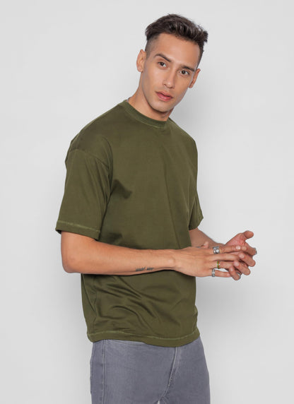 Starton Apparel 100% Pure Cotton Drop Shoulder Oversized Baggy Fit Half Sleeve Plain Solid Round Neck Unisex T-Shirt for Men (in, Alpha, S, Plus, Olive)