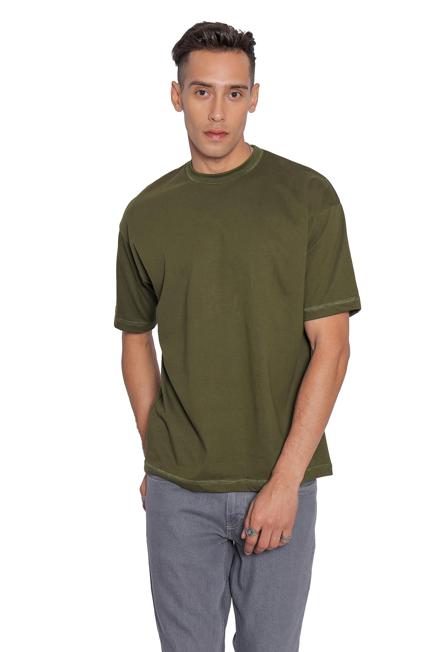 Starton Apparel 100% Pure Cotton Drop Shoulder Oversized Baggy Fit Half Sleeve Plain Solid Round Neck Unisex T-Shirt for Men (in, Alpha, XS, Plus, Olive)